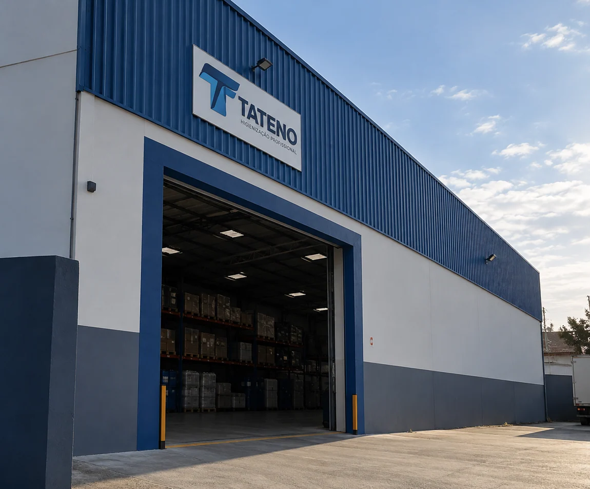 Representação conceitual de um galpão da Tateno com porta de expedição aberta